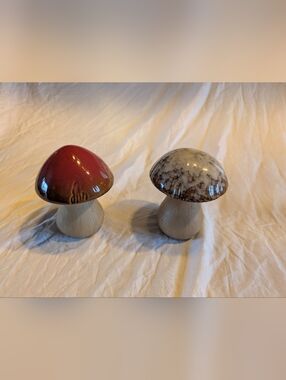 2/50$ Vintage Ceramic Mushroom Pair in Red and Cream-Brown